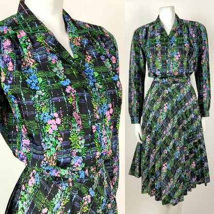 VTG 60s 70s BLACK BLUE PINK GREEN FLORAL PSYCHEDELIC PLEATED SHIRT DRESS 10 12