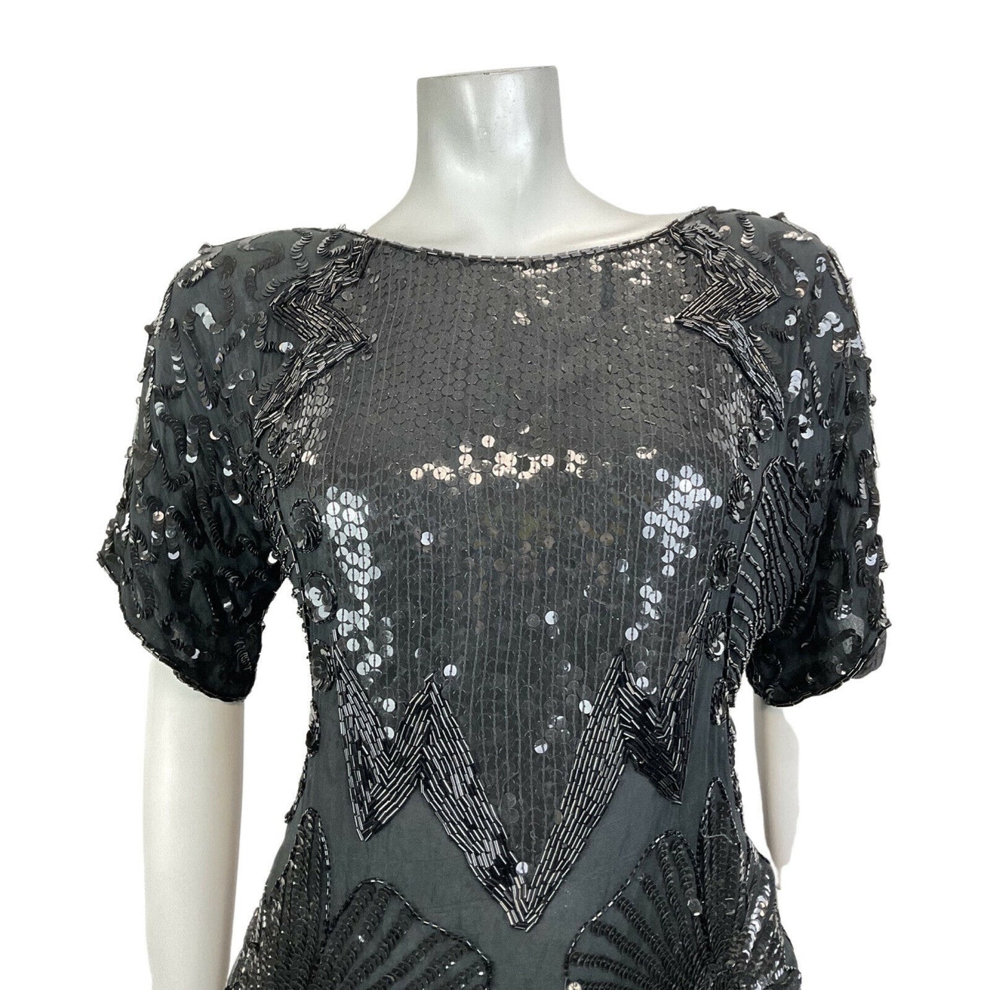 VINTAGE 70s 80s BLACK FLORAL GEOMETRIC DECO SEQUIN BEADED DISCO PARTY TOP 16 18