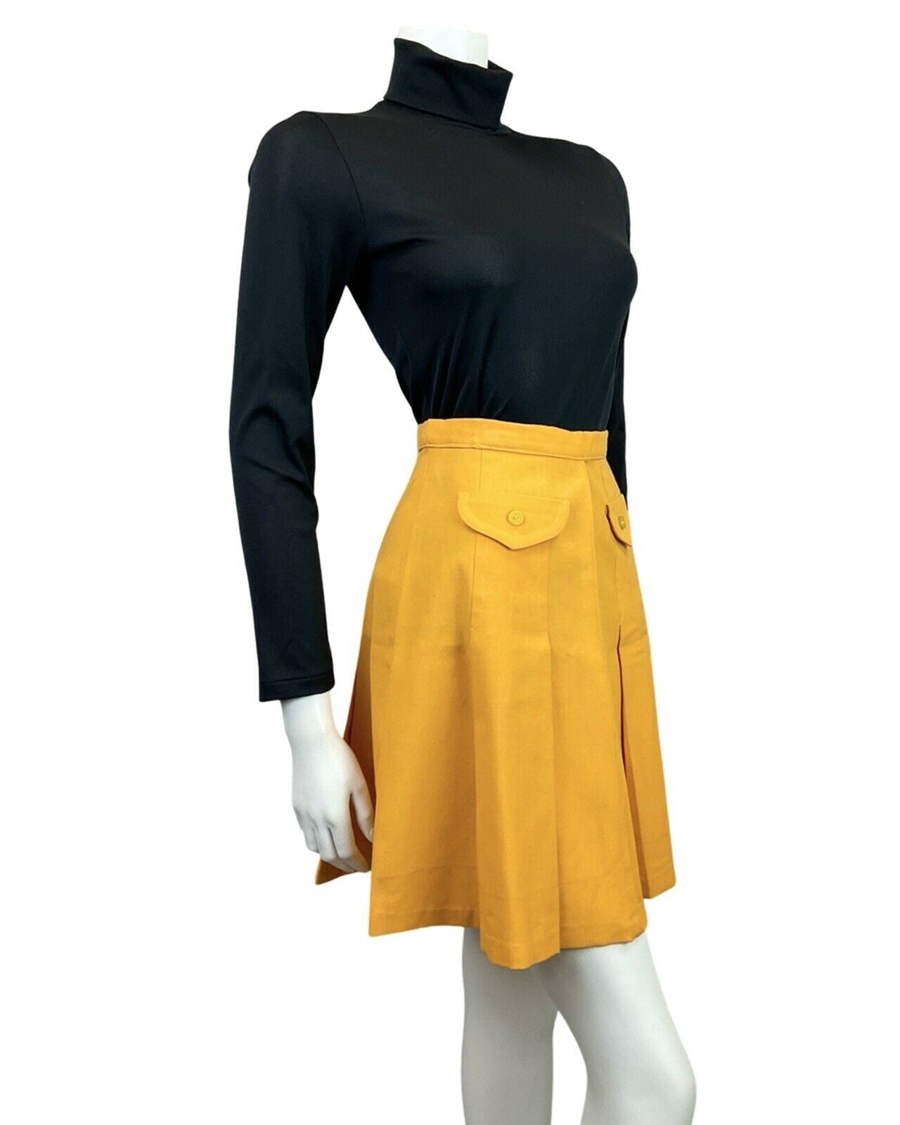 VINTAGE 60s 70s SUNSHINE YELLOW MOD PLEATED SHORT SKIRT 6