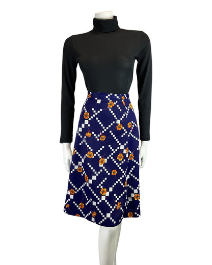 VINTAGE 60s 70s BLUE WHITE ORANGE GEOMETRIC FLORAL MOD MIDI SKIRT 8