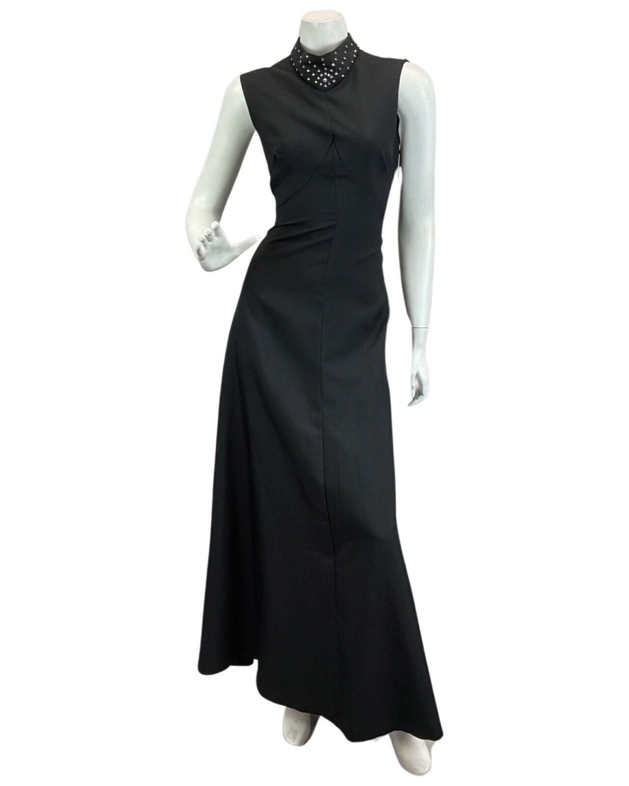 VINTAGE 60s 70s BLACK DIAMANTE HIGH NECK DISCO PARTY EVENING  MAXI DRESS 12 14