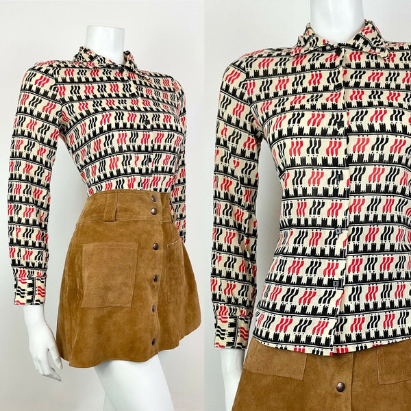 VTG 60s 70s CREAM BLACK RED STRIPED GEOMETRIC MOD DAGGER SHIRT BLOUSE TOP 10 12