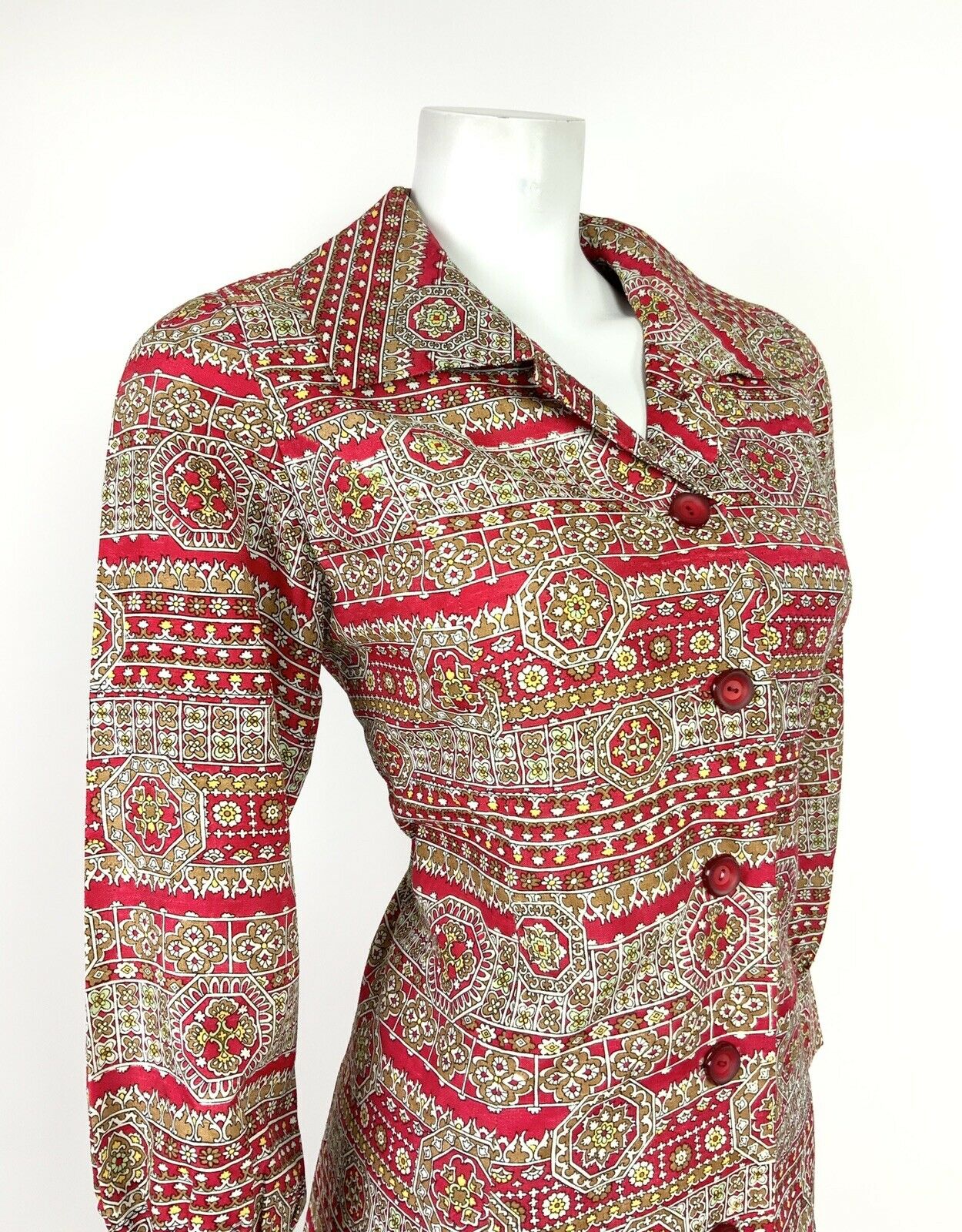 VINTAGE 60s 70s RED BEIGE YELLOW WHITE FLORAL GEOMETRIC SHIRT DRESS 12