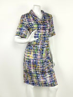 VINTAGE 60s 70s WHITE GREEN BLUE PINK CHECKERED GRID GEOMETRIC SHIRT DRESS 10 12