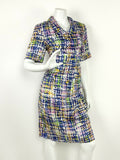 VINTAGE 60s 70s WHITE GREEN BLUE PINK CHECKERED GRID GEOMETRIC SHIRT DRESS 10 12