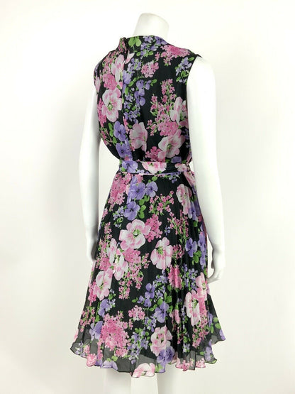 VINTAGE 60s 70s BLACK PINK PURPLE GREEN FLORAL PLEATED BELTED DRESS 12