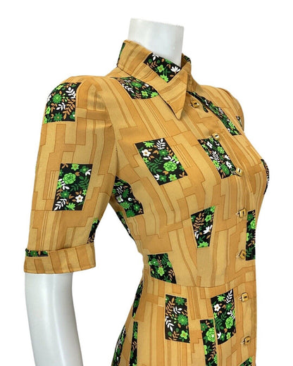 VINTAGE 60s 70s OCHRE YELLOW GREEN GEOMETRIC FLORAL MOD DAGGER SHIRT DRESS 8