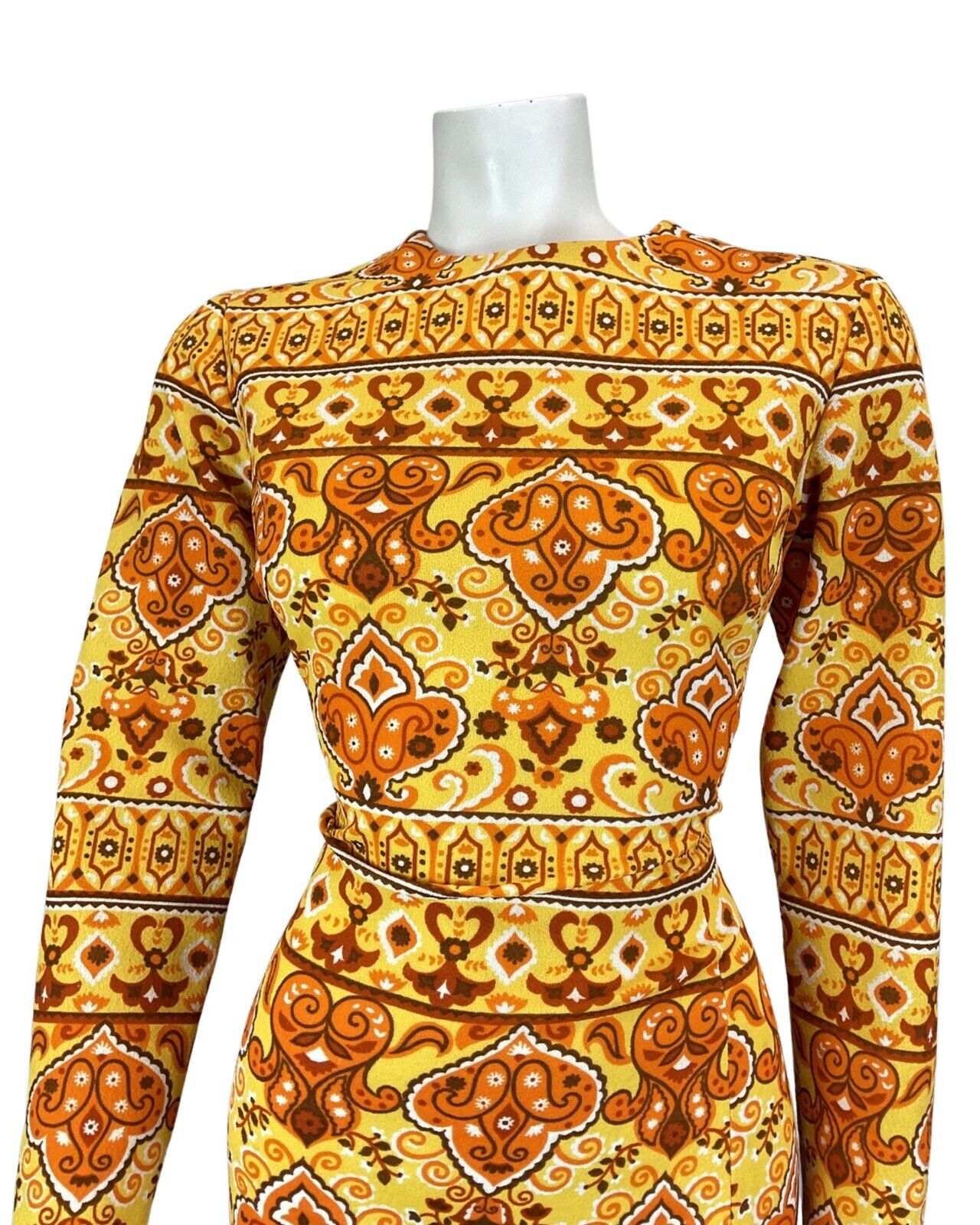 VINTAGE 60s 70s YELLOW BROWN ORANGE MANDALA FLOWER PSYCHEDELIC FITTED DRESS 12