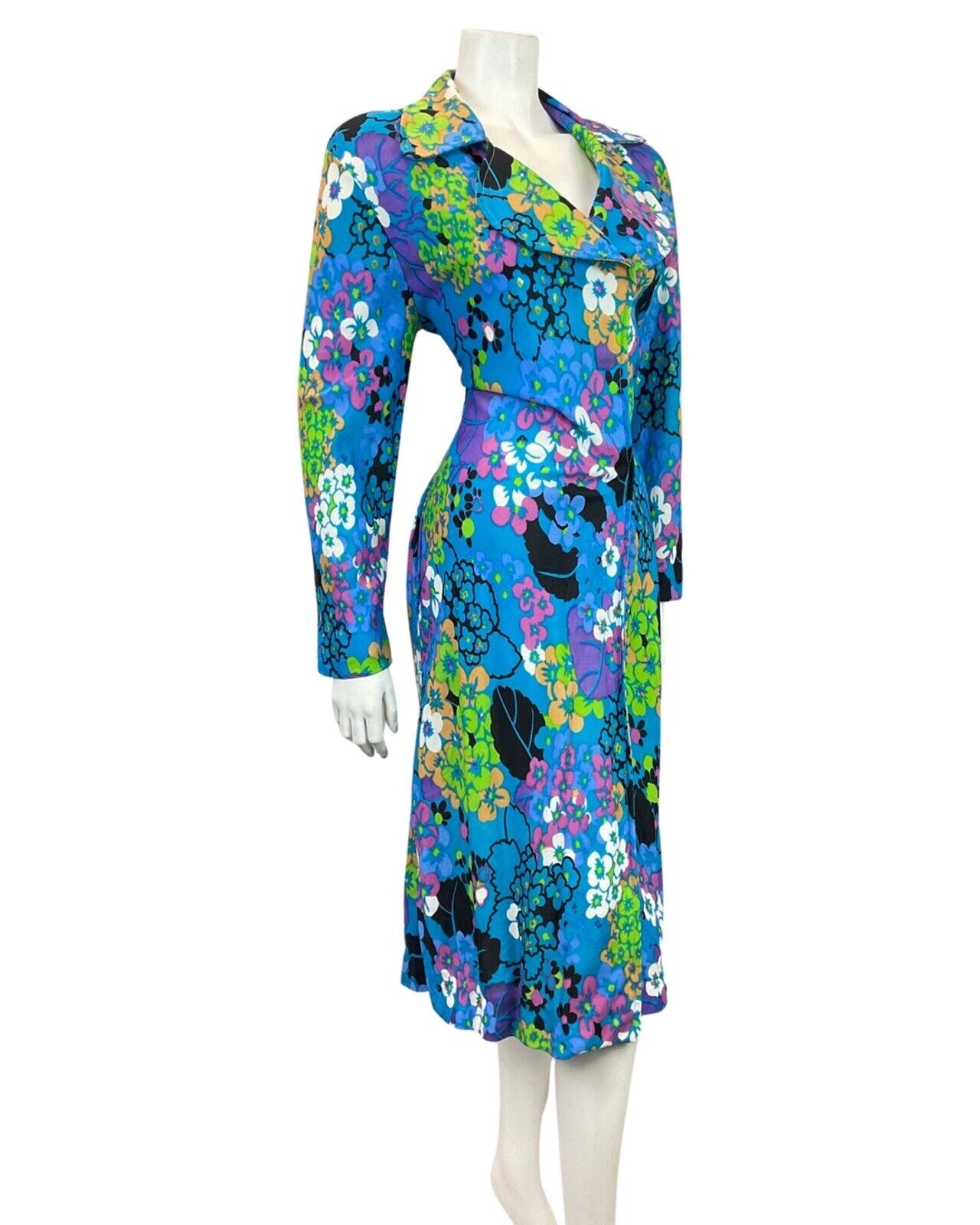 VINTAGE 60s 70s BLUE GREEN BLACK FLORAL PSYCHEDELIC HOUSECOAT WRAP DRESS 12 14