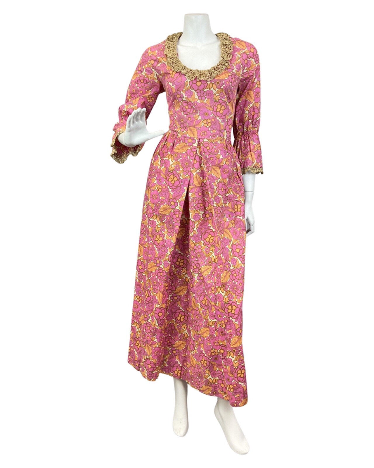 VINTAGE 60s 70s PINK GOLD ORANGE PSYCHEDELIC FLOWER FLOUNCE MOD MAXI DRESS 8 10