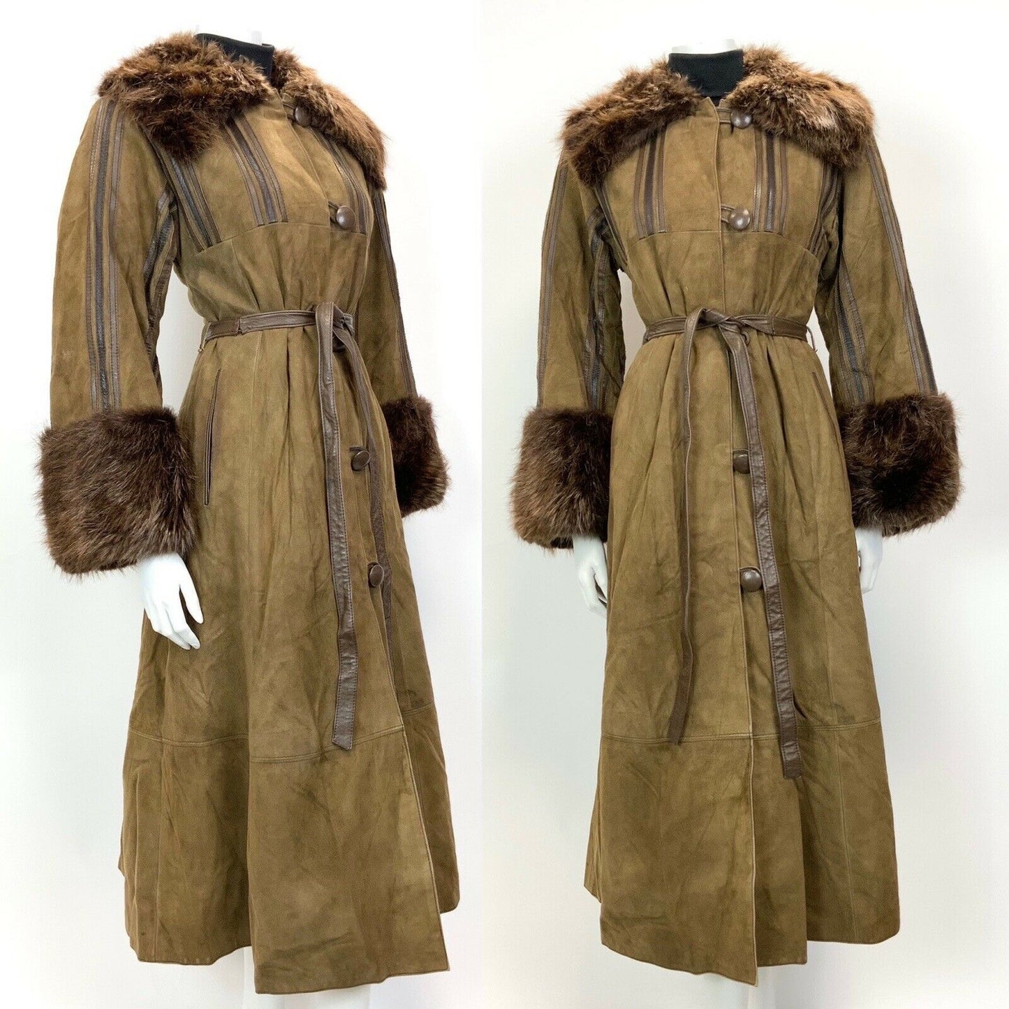 VTG 60s 70s DARK BROWN SUEDE LEATHER FUR COLLAR BELTED PRINCESS SWING COAT 10 12