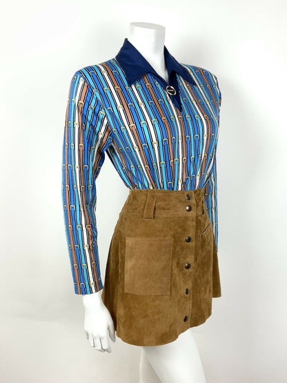 VTG 60s 70s BLUE BRONZE WHITE STRIPED EQUESTRIAN BELT DAGGER SHIRT BLOUSE 10 12