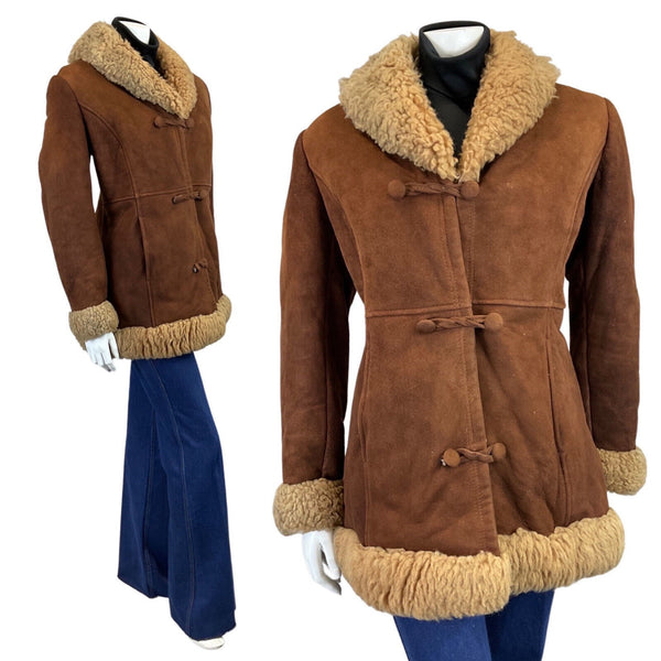 VINTAGE 60s 70s WARM BROWN CREAM SUEDE LEATHER BOHO SHEARLING SHORT COAT 12