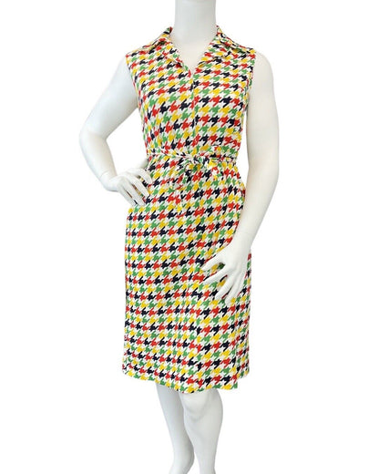 VINTAGE 60s 70s WHITE RED GREEN BLACK DOGTOOTH MOD SLEEVELESS SHIRT DRESS 16