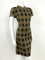 VINTAGE 60s 70s BROWN BLACK YELLOW WHITE GEOMETRIC SQUARE MOD SHIFT DRESS 10 12