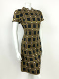 VINTAGE 60s 70s BROWN BLACK YELLOW WHITE GEOMETRIC SQUARE MOD SHIFT DRESS 10 12