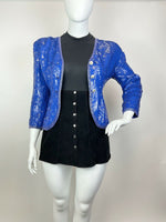 VINTAGE 70s 80s BRIGHT BLUE GOLD DISCO PARTY GLAM SEQUIN TROPHY JACKET 16 18