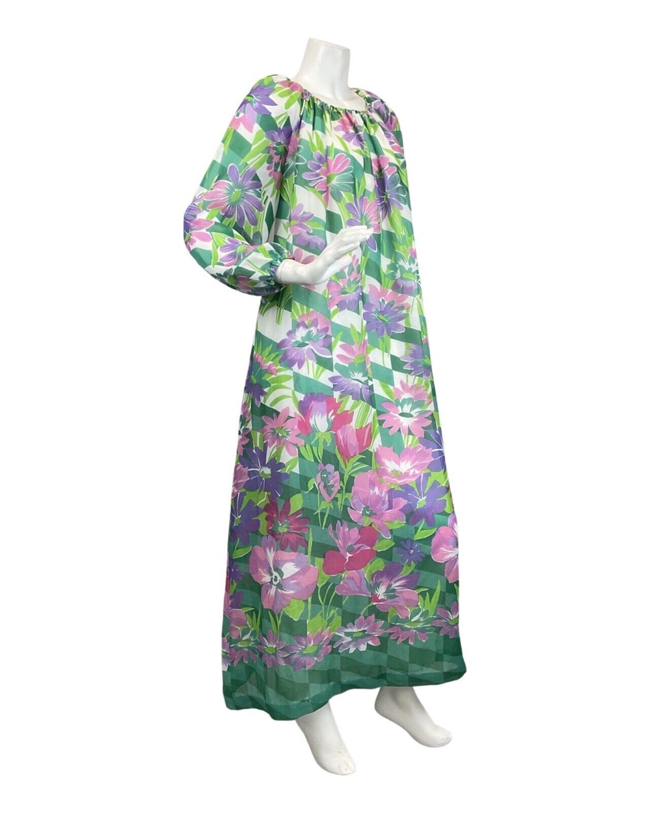 VINTAGE 60s 70s GREEN PINK PURPLE FLORAL FLOATY TENT SHEER MAXI DRESS 12 14