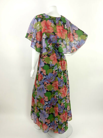 VINTAGE 60s 70s FLORAL MAXI SUMMER DRESS CAPE SLEEVE BLACK GREEN PURPLE PINK 10