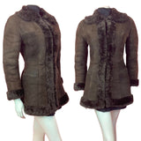 VINTAGE 60s 70s DARK BROWN SUEDE LEATHER BOHO PENNY LANE SHEARLING COAT 8 10