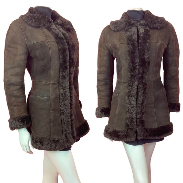 VINTAGE 60s 70s DARK BROWN SUEDE LEATHER BOHO PENNY LANE SHEARLING COAT 8 10