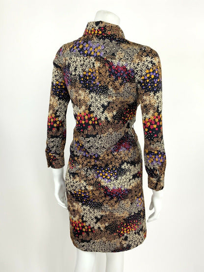 VTG 60s 70s BLACK PURPLE RED YELLOW PSYCHEDELIC FLORAL STAR SHIRT DRESS 12 14