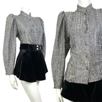 VINTAGE 60s 70s SILVER BLACK LUREX SPARKLE DISCO PARTY MANDARIN BLOUSE TOP 14 16