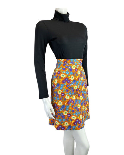 VINTAGE 60s 90s ORANGE BLUE PURPLE DAISY FLOWER MOD RIBBED SHORT SKIRT 8 10