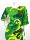 VINTAGE 60s 70s GREEN YELLOW HAWAIIAN PSYCHEDELIC SWIRLING MOD MAXI DRESS 8 10