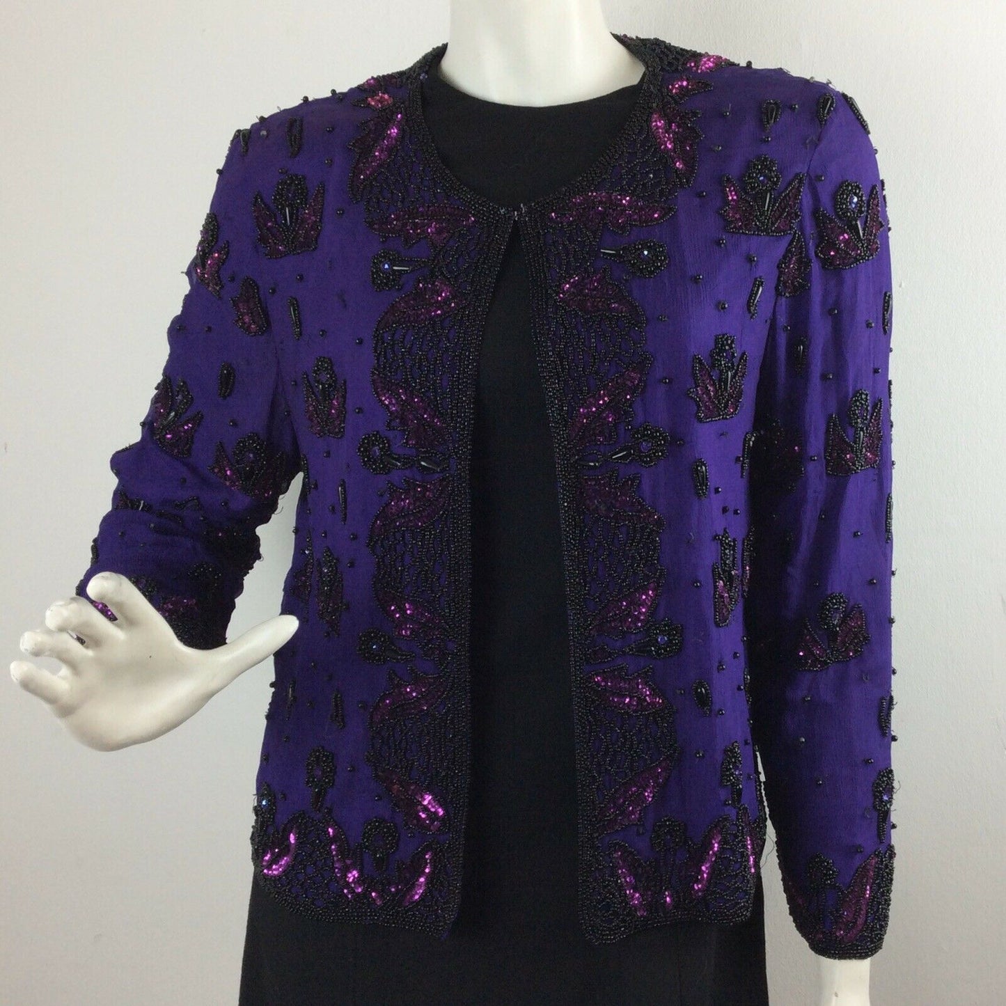 VINTAGE 70S 80S PURPLE EVENING PARTY BLACK PINK BEAD FLOWER TROPHY JACKET 10 12