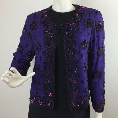 VINTAGE 70S 80S PURPLE EVENING PARTY BLACK PINK BEAD FLOWER TROPHY JACKET 10 12