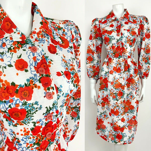 VINTAGE 60s 70s WHITE BLUE GREEN RED FLORAL POPPY DAGGER SHIRT DRESS 10