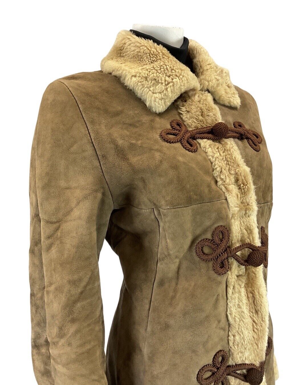 VINTAGE 60s 70s BROWN BROCADE SUEDE ZHIVAGO SHEARLING LONG COAT 12 14