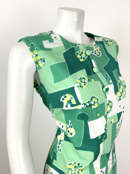 VINTAGE 60s 70s GREEN LIME MINT WHITE GEOMETRIC DOTTY MOD SHIFT DRESS 14 16