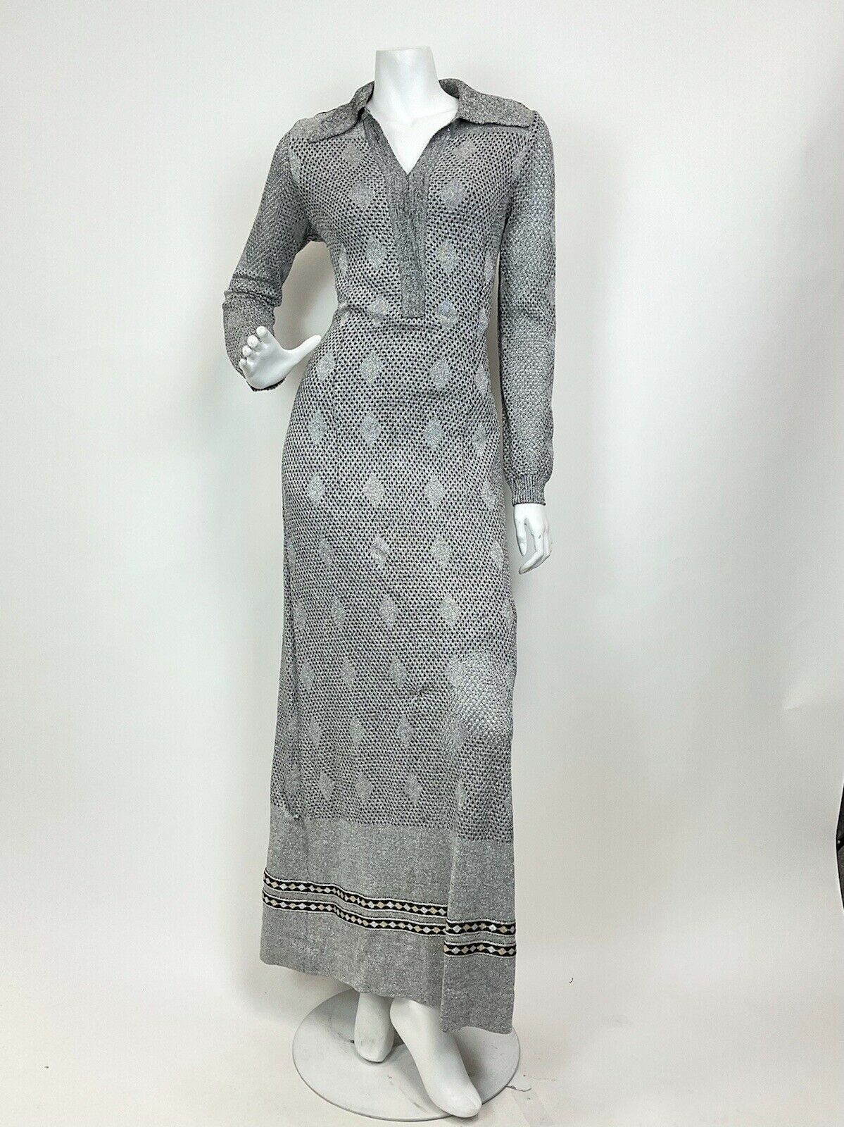 VTG 60s 70s SILVER GOLD MESH MOD DISCO STUDIO 54 DAGGER SHIRT MAXI DRESS 12 14