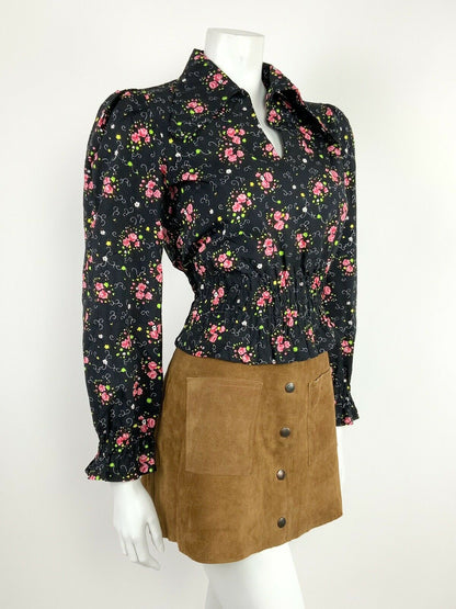 VINTAGE 60s 70s BLACK PINK GREEN FLORAL DITSY WING COLLAR RUCHED BLOUSE TOP 8 10