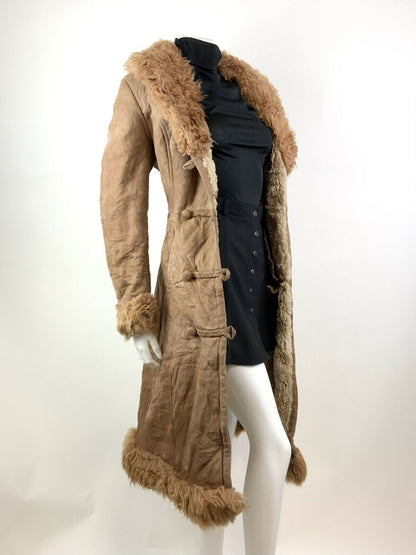 VINTAGE 60s 70s TAWNY BROWN SUEDE LEATHER SHEARLING FUR BOHO PRINCESS COAT 10 12