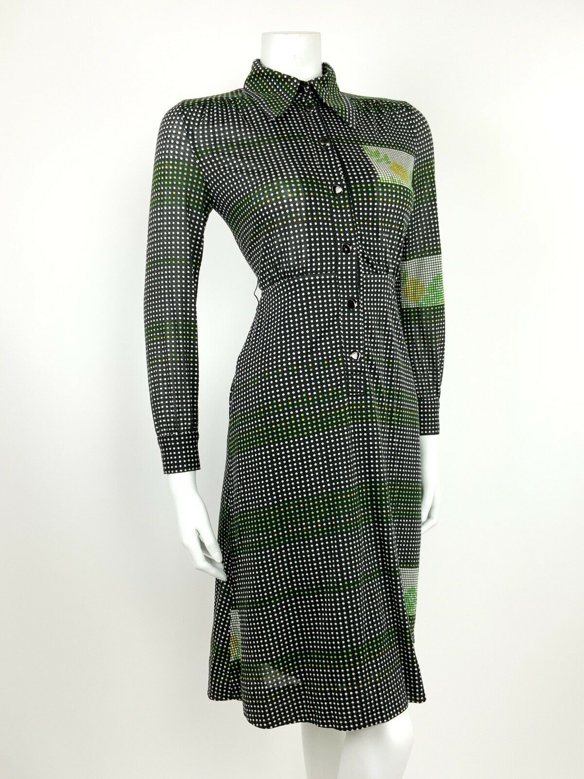 VINTAGE 60s 70s BLACK WHITE GREEN YELLOW GEOMETRIC DOTTY SHIRT DRESS 8 10