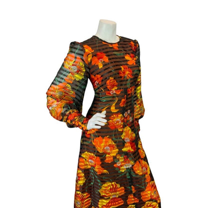 VINTAGE 60s 70s BLACK ORANGE RED SHEER STRIPED FLORAL MOD PSYCH MAXI DRESS 10