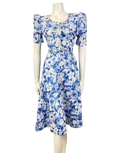 VINTAGE 60s 70s BLUE WHITE FLORAL PUFF SLEEVE SWING DRESS 8