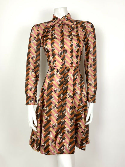 VINTAGE 60s 70s BROWN PINK CREAM PARQUET FLORAL GEOMETRIC DAGGER SHIRT DRESS 10