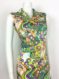 60S 70S VINTAGE WHITE GREEN PURPLE PSYCHEDELIC SLEEVELESS SHIRT DRESS 12 14