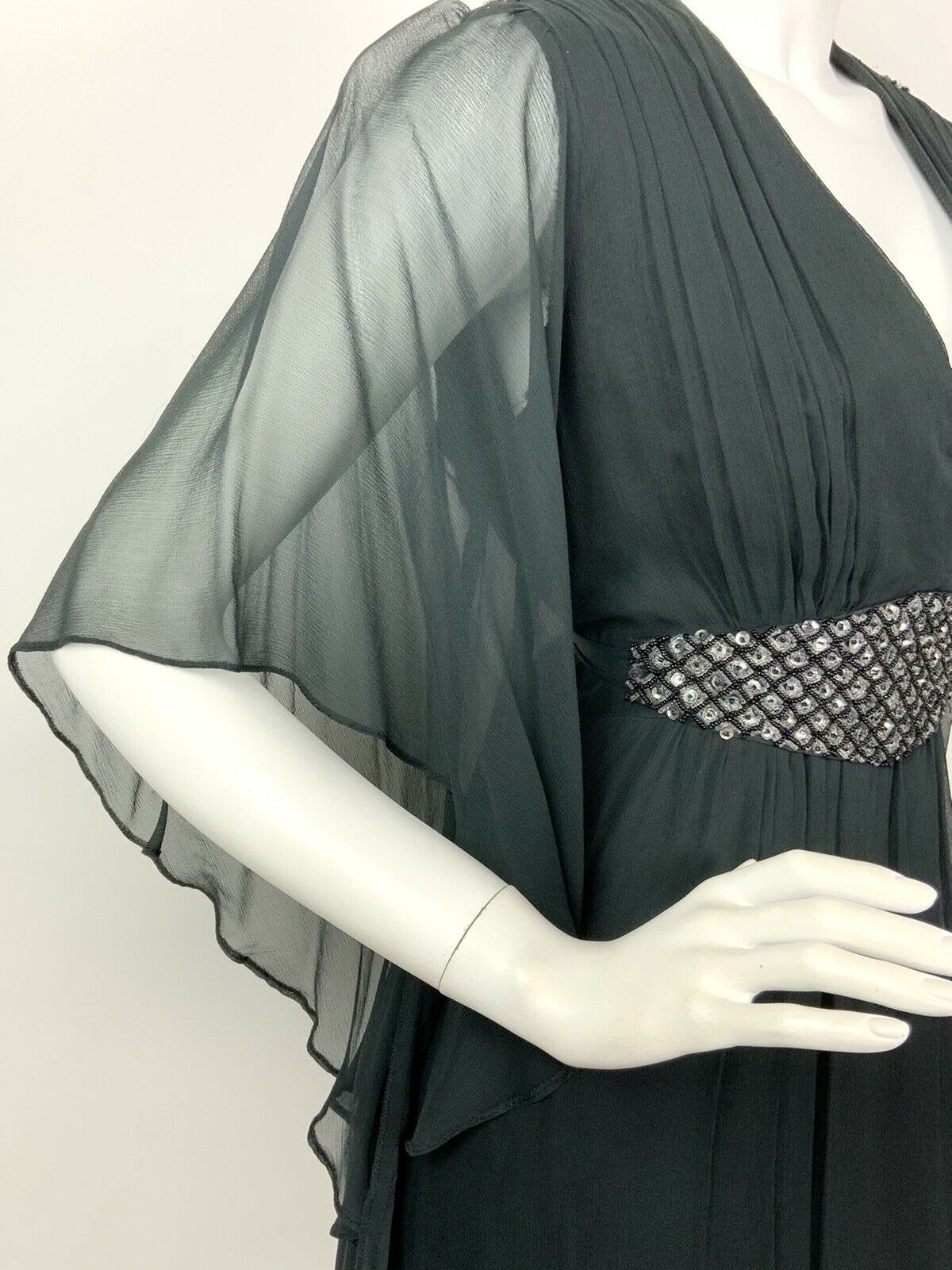 VTG 60s 70s BLACK SILVER BEADED SEQUIN ANGEL WING SHEER PLUNGE MAXI DRESS 8 10