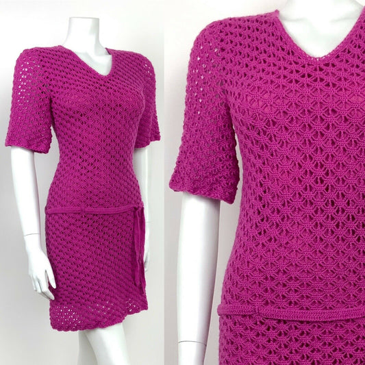 VINTAGE 60s 70s PINK PURPLE CROCHETED HIPPY DROP WAIST DRESS 8