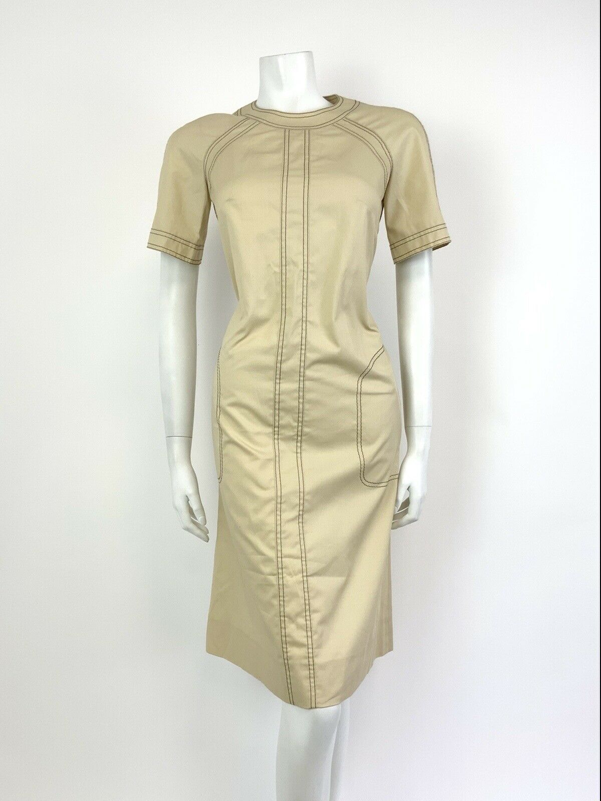 VINTAGE 60s 70s CREAM BEIGE BROWN MOD MIDI DRESS 10 12