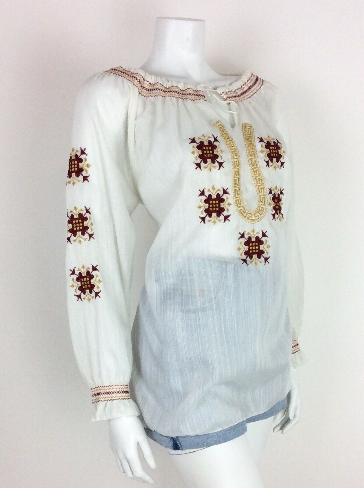 VTG 70s ETHNIC WHITE PEASANT BLOUSE RED GOLD EMBROIDERED MEANDROS GRECIAN 12 14