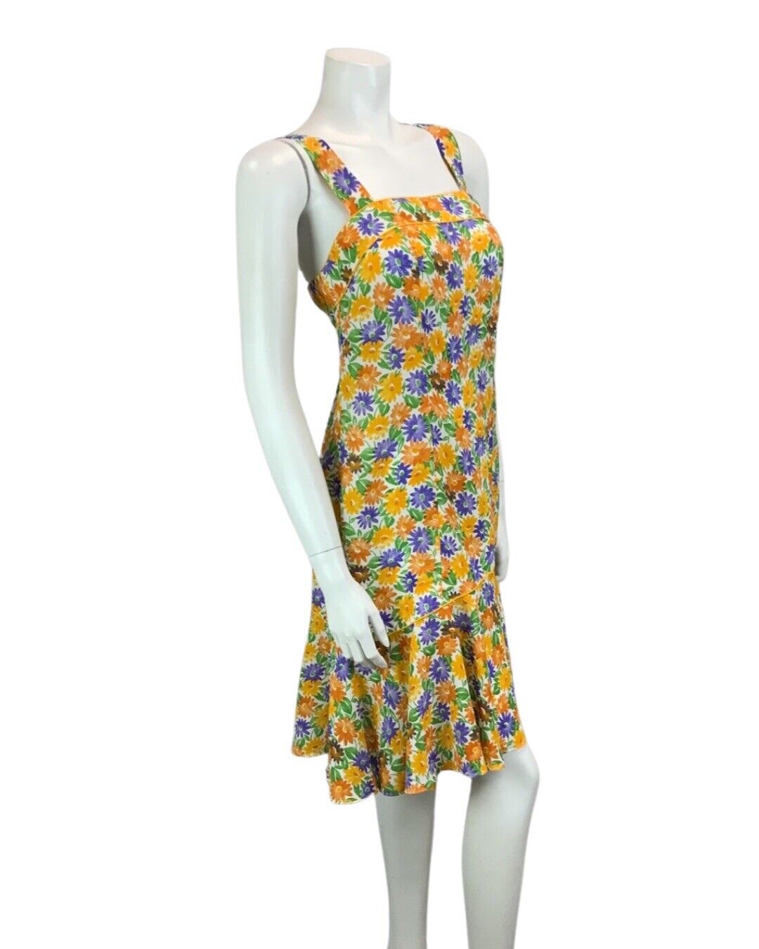 VINTAGE 60s 70s ORANGE YELLOW PURPLE GREEN FLORAL DAISY STRAPPY MIDI DRESS 12 14