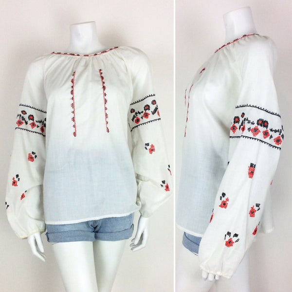 VTG 70s WHITE BLOUSE RED BLACK FLORAL CROSS STITCH HIPPY ETHNIC PEASANT 12 14