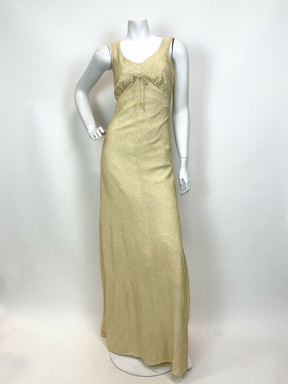 VINTAGE 60s 70s GOLD LUREX GLITTERY STUDIO 54 PARTY SLEEVELESS MAXI DRESS 10