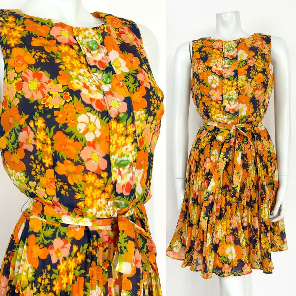 VINTAGE 60s 70s BLUE YELLOW ORANGE GREEN PINK DITSY FLORAL PLEATED DRESS 10 12